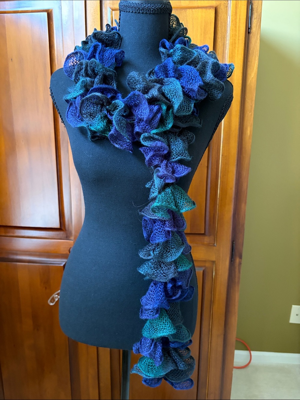 Ruffled Knit Scarf in Purple, Green and Black